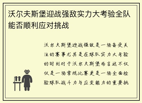 沃尔夫斯堡迎战强敌实力大考验全队能否顺利应对挑战
