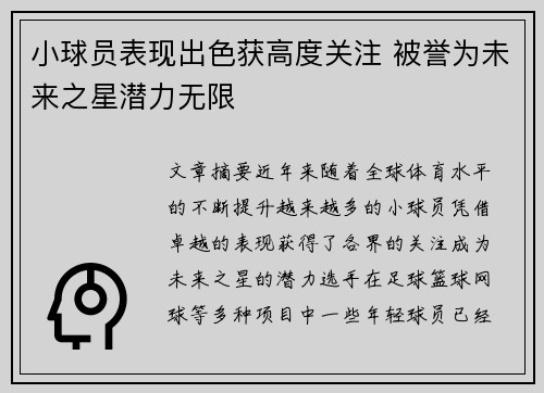 小球员表现出色获高度关注 被誉为未来之星潜力无限