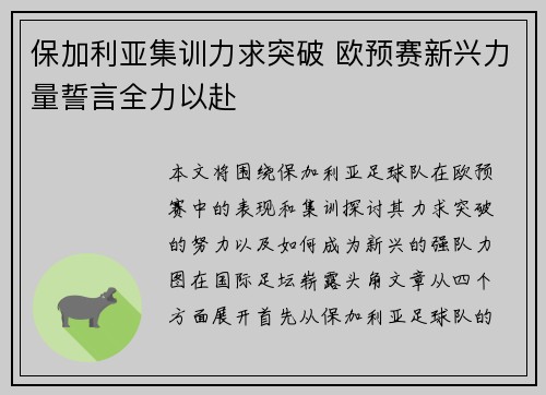 保加利亚集训力求突破 欧预赛新兴力量誓言全力以赴