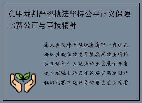 意甲裁判严格执法坚持公平正义保障比赛公正与竞技精神