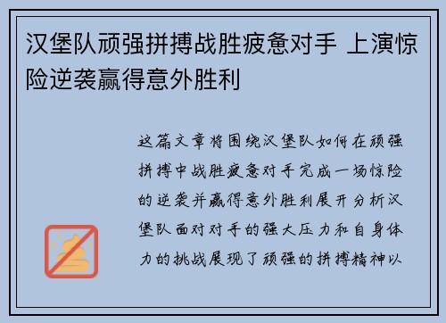 汉堡队顽强拼搏战胜疲惫对手 上演惊险逆袭赢得意外胜利