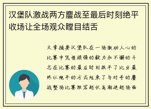 汉堡队激战两方鏖战至最后时刻绝平收场让全场观众瞠目结舌