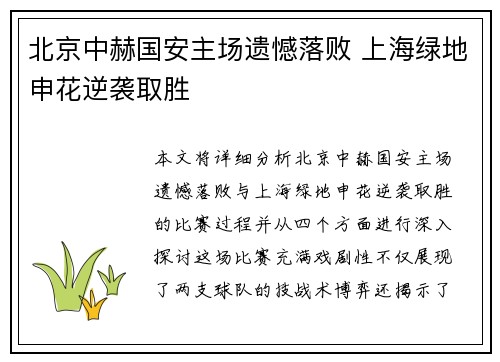 北京中赫国安主场遗憾落败 上海绿地申花逆袭取胜