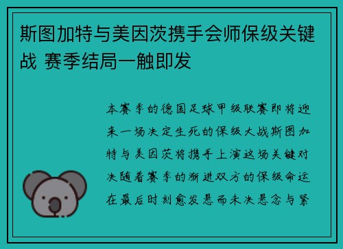 斯图加特与美因茨携手会师保级关键战 赛季结局一触即发