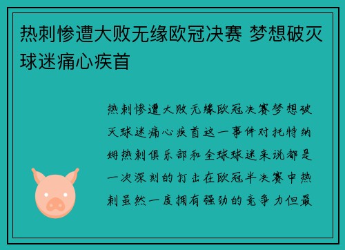 热刺惨遭大败无缘欧冠决赛 梦想破灭球迷痛心疾首